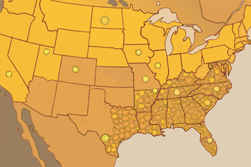 Obraz premium Map of Southern USA with Honeycomb Texture and Circles United States map America