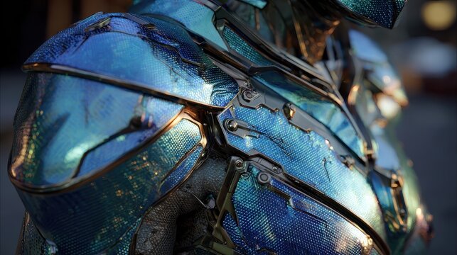 Close-up of Futuristic Blue and Gold Armor; Detailed Sci-Fi Suit Texture
