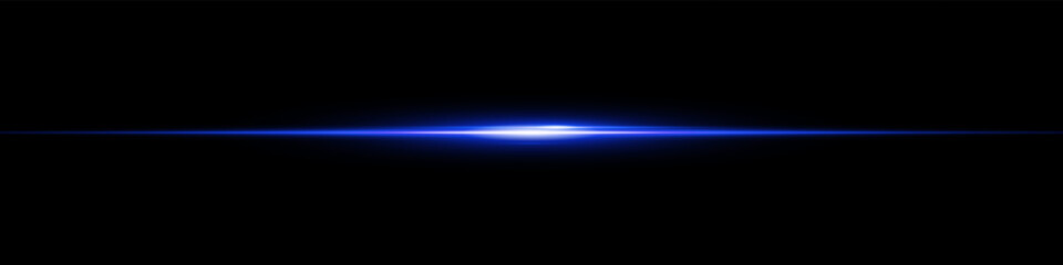 Bright horizontal beam of light on black background. Glowing laser effect creating futuristic and sci-fi aesthetics. Suitable for technology, energy, speed and digital design themes.