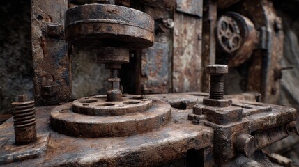 Fototapeta premium Close-up of heavily rusted, antique industrial machinery with intricate mechanical details