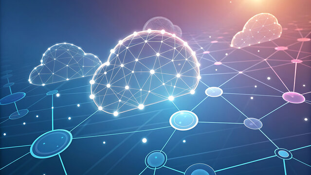 Abstract digital network of glowing clouds and interconnected nodes representing cloud computing and data transfer