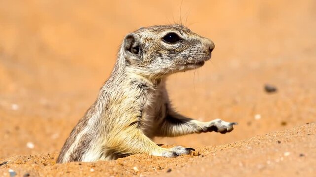 Ground Squirrel Emerging from Sand Hole With Sharp Focus in Bright Sunlight On Sandy Background Wildlife Photography