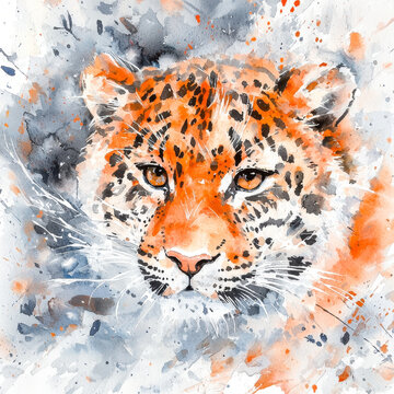 Watercolor portrait of a young jaguar, intense gaze, splash background