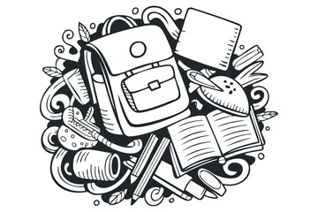 School Supplies Doodle Arrangement with Backpack Open Book and Pencil. Vector hand drawn illustration