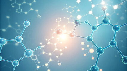 Abstract molecular structure with glowing particles and interconnected atoms on a blue background