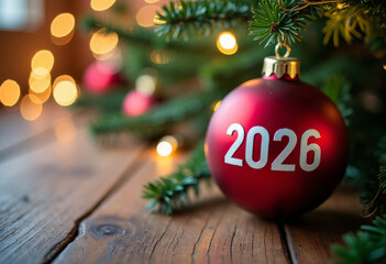 Christmas red ball with 2026 number of New Year's Celebration. Text space