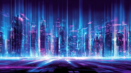 Futuristic smart cityscape with neon skyscrapers, digital overlays, and dynamic light effects