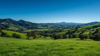 Naklejka premium Rolling hills with blue sky and mountains. AI image