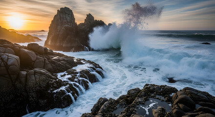 Obraz premium Rocky Coastline with Rough Ocean Waves Crashing in Photorealistic Light