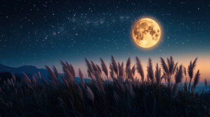 Naklejka premium Full moon and Japanese pampas grass in midnight,The harvest Miscanthus sinensis and full moon,beautiful night sky in the countryside with the perfect moon exudes beauty in the dark.