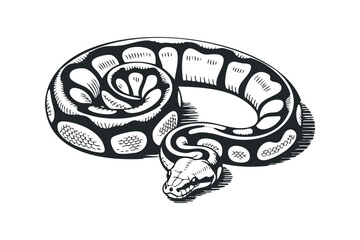 Serpent coiled in striking pose, black and white linework. Vector hand drawn illustration