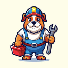 Naklejka premium Cute cartoon bulldog mascot as a mechanic or handyman holding a wrench and toolbox vector illustration for a logo