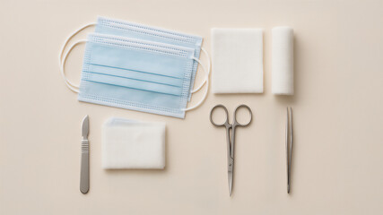 fotorealistisches Flatlay mit Verbandmaterial wie Schere, Mullbinde, Verbandmull, Pinzette, Masken auf hellem Hintergrund