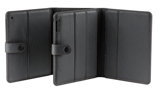 Dark gray tablet case, showing multiple folded views