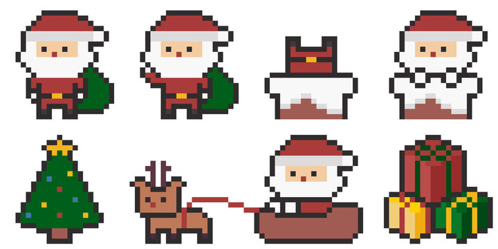 8-bit pixel art cute christmas santa character icon set