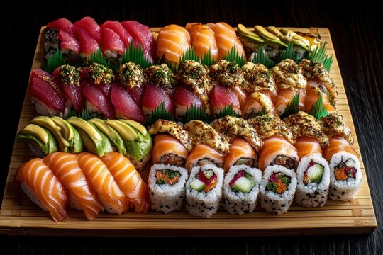 Set of assorted sushi rolls on board