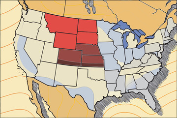 US map showing temperature zones and highlighted states United States map of