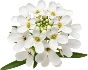 Naklejka premium Close-up of a delicate white iberis flower cluster with vibrant green foliage