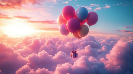 Obraz premium A Box flying on a parachute with pink cloud in valentine day,package flying down from sky and cloud with parachute, concept for delivery service,shopping online,air delivery service.