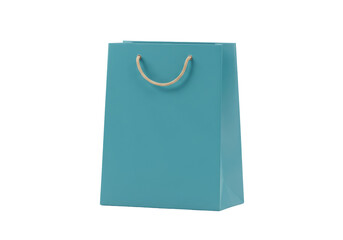 Isolated blue gift or shopping bag, minimal design with rope handle, elegant merchandise