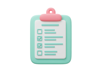 Isolated 3D rendering of a clipboard with tick marks, check boxes and a pink clip