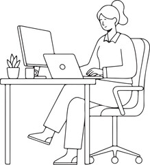 Businesswoman Sitting at Desk with Computer Line Art