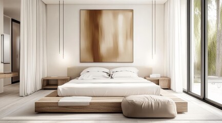 Modern minimalist bedroom with wooden platform bed, abstract wall art, and large windows overlooking nature