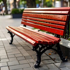 Red park bench on a city sidewalk (1)