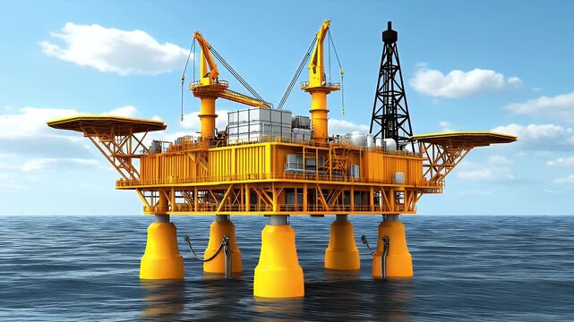 Detailed 3D Render of Yellow Offshore Oil Rig Platform in Ocean