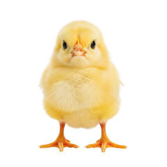 Obraz premium Adorable fluffy yellow chick stands on white background