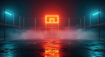 Neon Basketball Court With Dramatic Lighting And Fog Effect