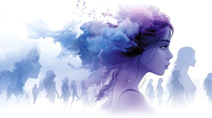 young woman with flowing abstract clouds of color around her mingles with transparent silhouettes
