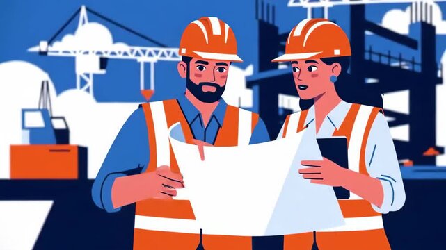 Flst vector of two construction workers reviewing blueprints at a construction site, wearing hard hats and safety vests, vector illustration