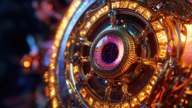 A detailed view of a clock face featuring a large, glowing purple eye