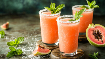Fototapeta premium Three glasses of fresh guava juice with mint and a salt rim.