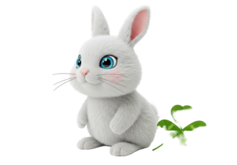 Isolated bunny rabbit, cute and charming with blue eyes and a lucky four-leaf clover present