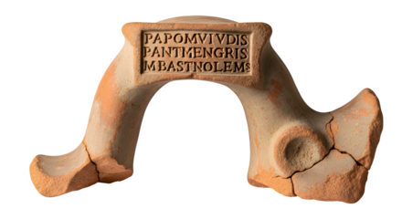 Ancient roman terracotta fragment isolated on transparent background, featuring inscription, showcasing archaeological artifact and historical significance of roman civilization