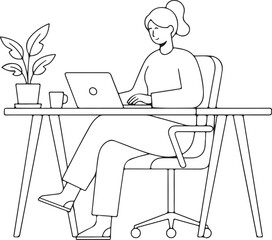 Woman Sitting at Desk Working on Laptop Line Art