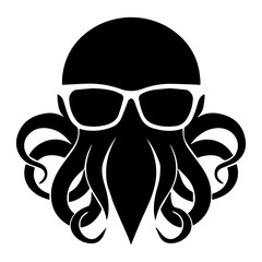 Black silhouette of an octopus wearing white framed sunglasses with eight tentacles in vector format