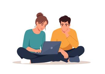Man and woman sitting cross-legged working together on a laptop, online teamwork concept