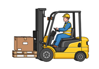 Worker operating a yellow forklift truck carrying a pallet with a cardboard box