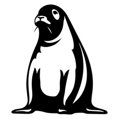 Illustration of a black and white sea lion sitting upright looking to the upper left corner of the frame