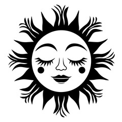 Stylized sun face with closed eyes and eyelashes in black and white color palette design element