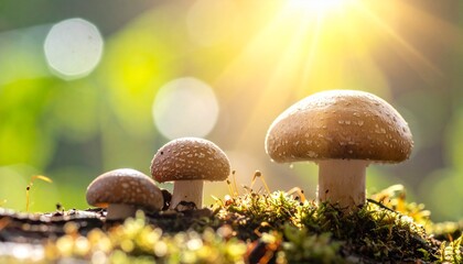 優しい日差しに無数のキノコ、幻想的な背景画像 Generated by AI
