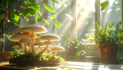 優しい日差しに無数のキノコ、幻想的な背景画像 Generated by AI