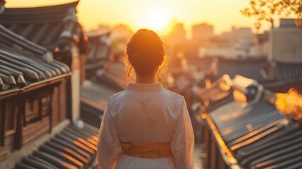 Naklejka premium Back view of korean asian woman in traditional korean dress or hanbok dress walking in old palace in night with full moon, Seoul city, South Korea,copy space.