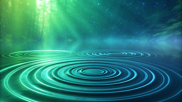 Abstract rippling water surface illuminated by ethereal green and blue light beams