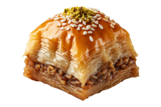 Traditional Turkish baklava filled with pistachios and syrup, cut square triangle isolated on white transparent background, symbolizing sweet cuisine