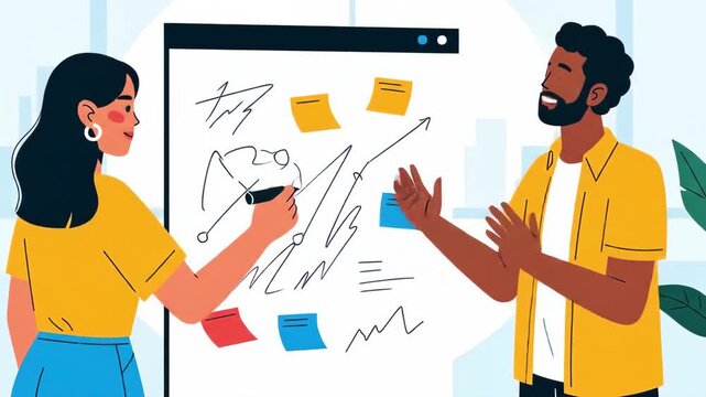 Flst vector of diverse team brainstorming ideas on whiteboard with sticky notes, fostering collaboration and innovation in a modern office space