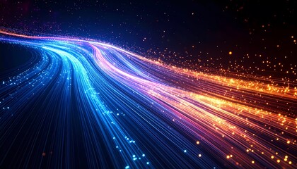Abstract digital light trails flowing in a dynamic curve, with vibrant blue merging into fiery orange, representing data streams or technological pathways.